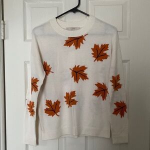 LOFT White Sweater with Orange Leaf Pattern